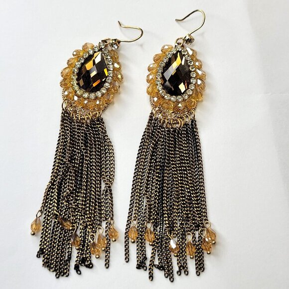 Gold and Black Long Tassel Earrings - Picture 2 of 9